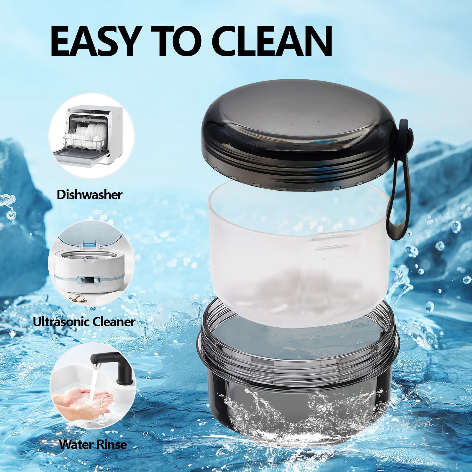 Leak Proof Denture Cups for Soaking Dentures with Strainer Transparent Black