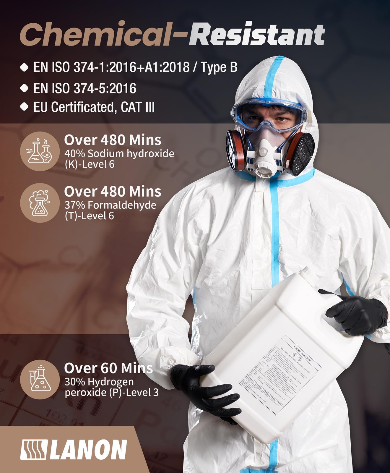 LANON Black Nitrile Disposable Gloves, EN ISO 374 Chemical Resistant, Heavy-D…