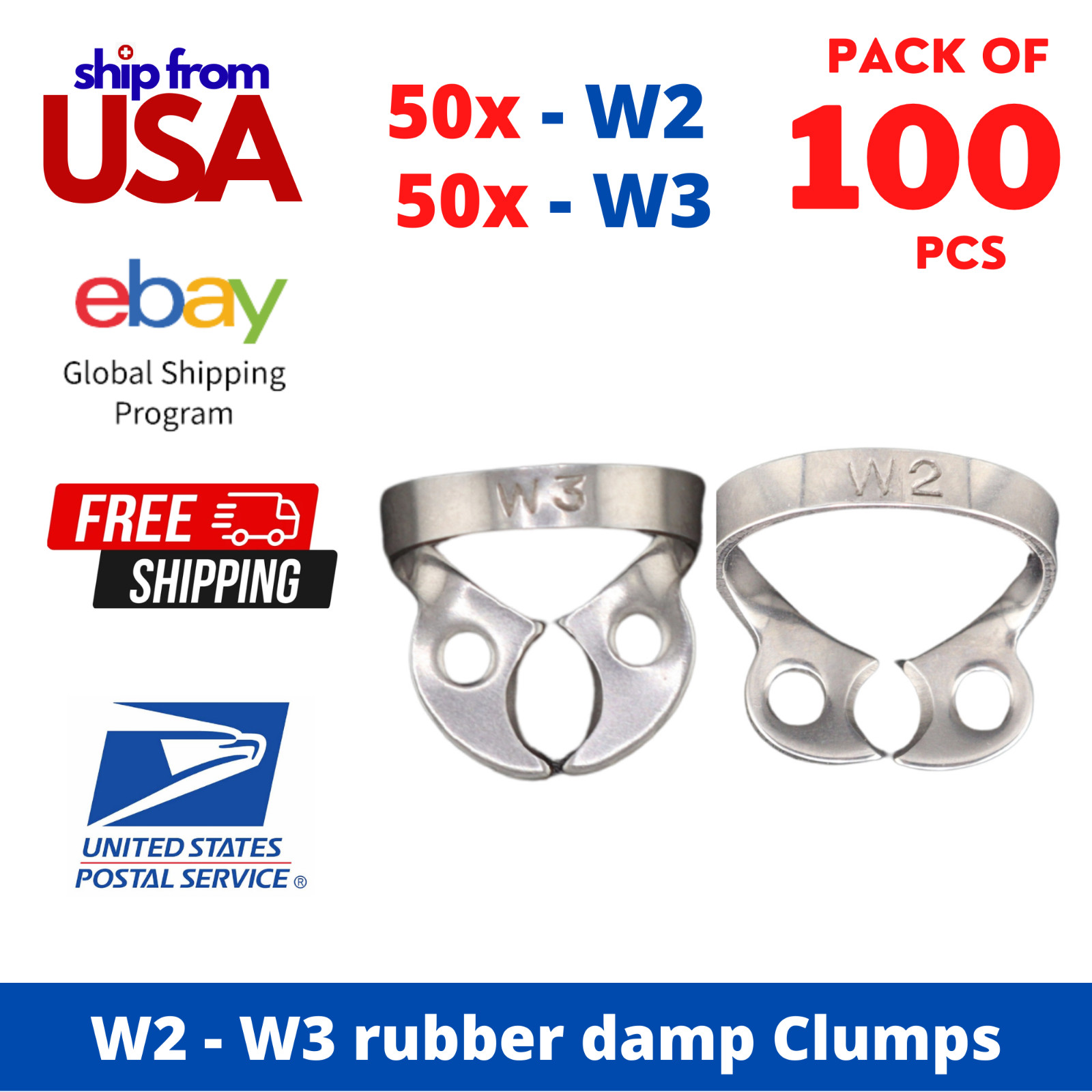 100 Pcs Dental Rubber Dam Clamps Combo – 50x W2 & 50x W3 Molar Clamps – Wingless