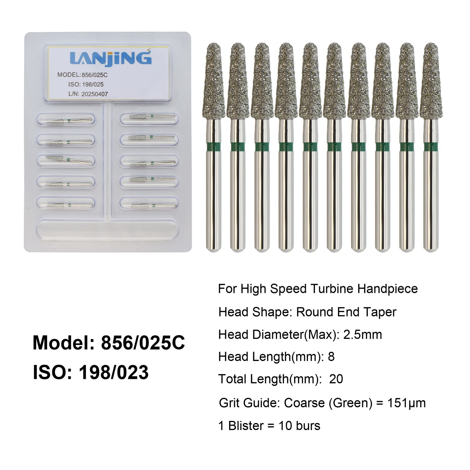 Dental Diamond Burs Football Round End Taper Round Ball Bur Long High Speed 856