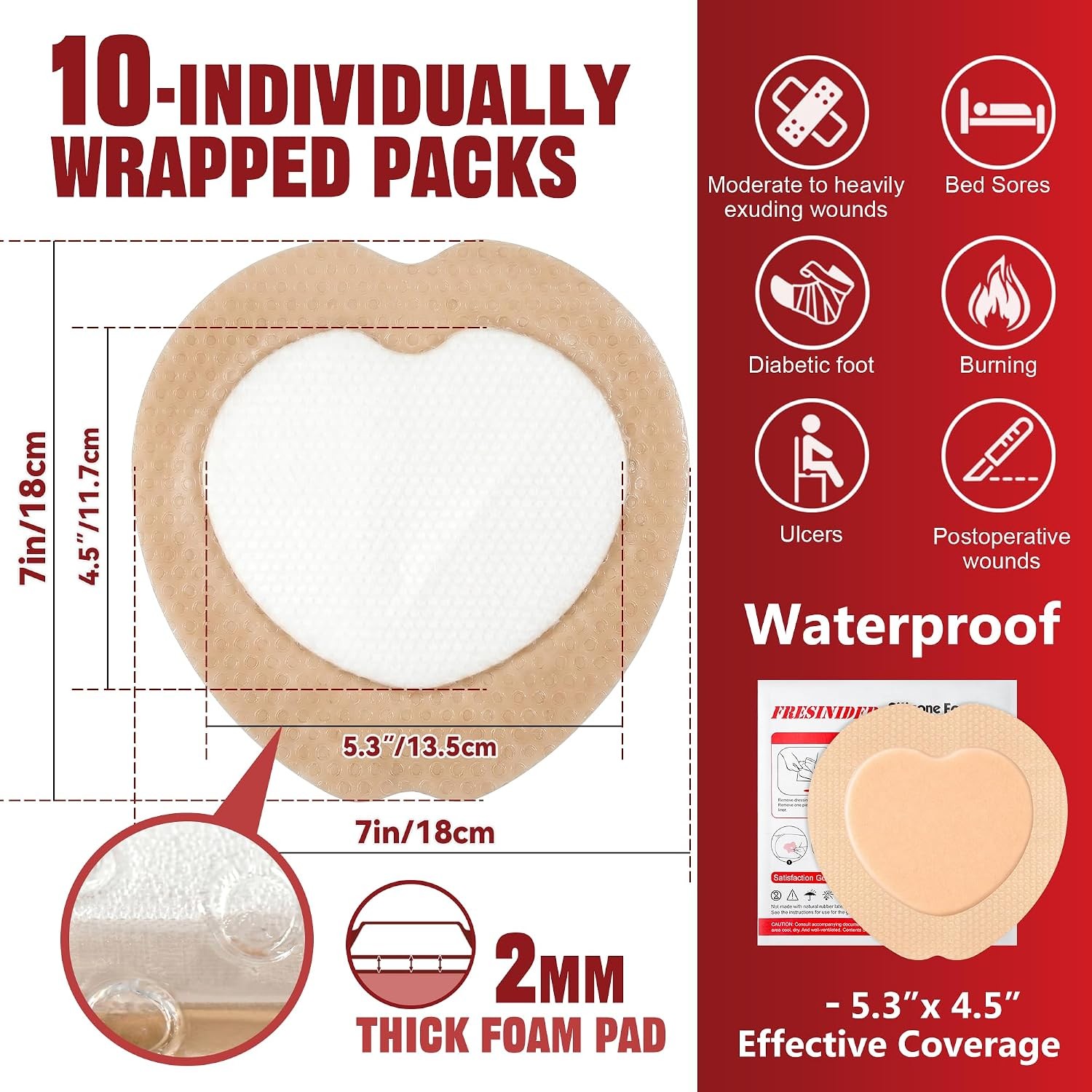 Sacral Foam Dressing Silicone Adhesive Border 7×7 in 10 Pack Wound Care
