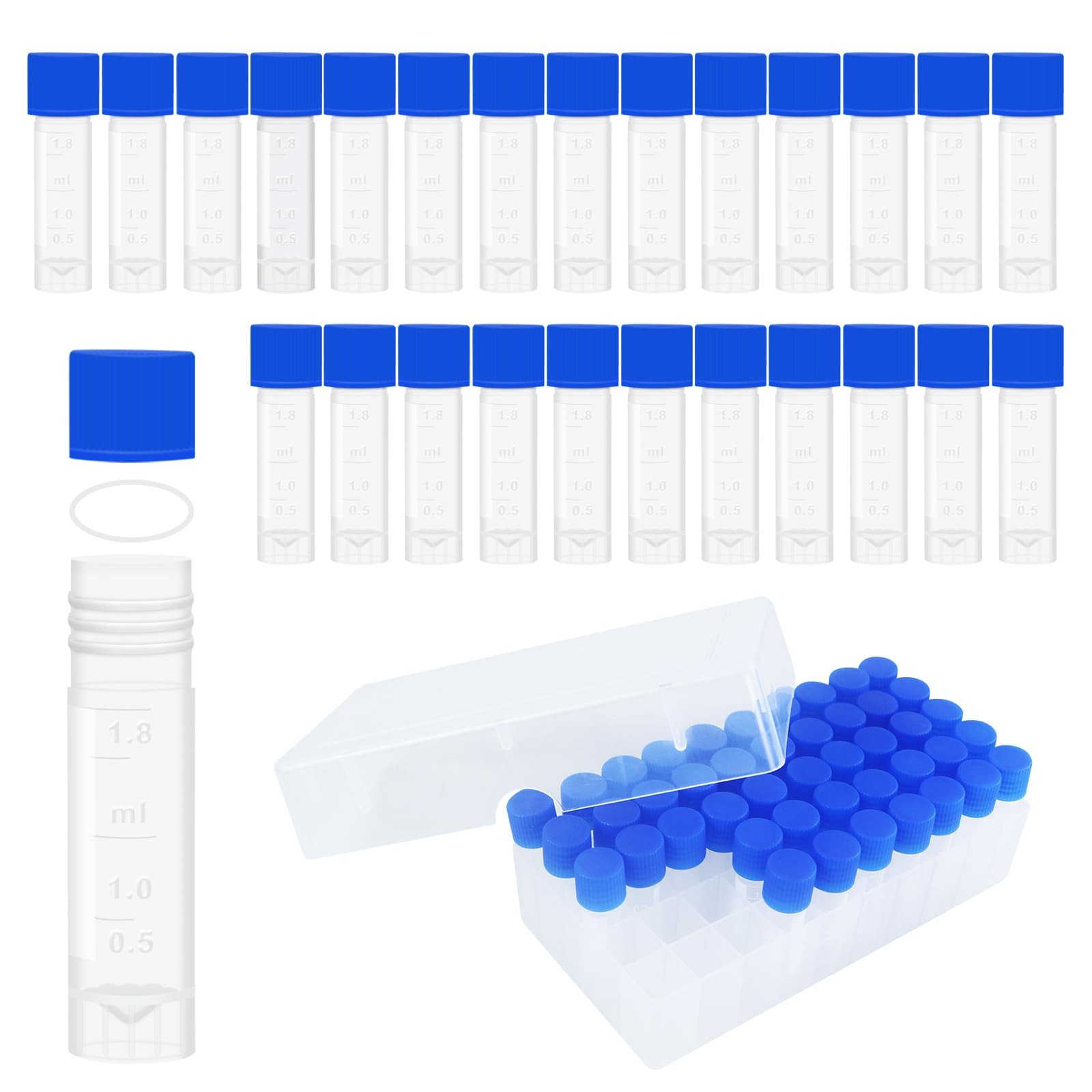 50 PCS 2ml Small Plastic Cryogenic Sample Vials Leak Proof Caps SelfStand