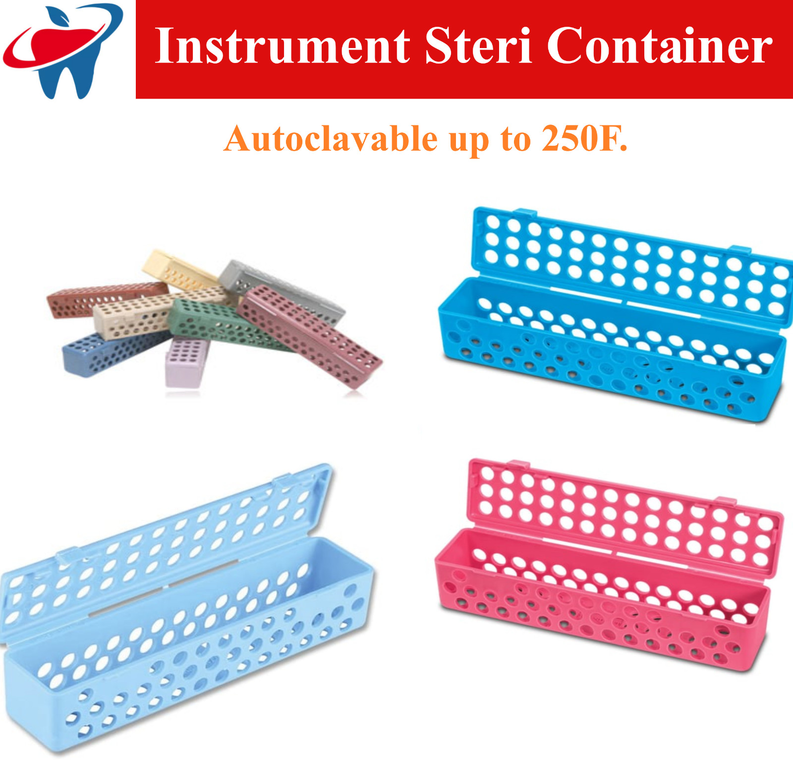 Dental Instrument Steri Container 8″ x 1.75″ Snap Shut Hinged Lid, Choose Color