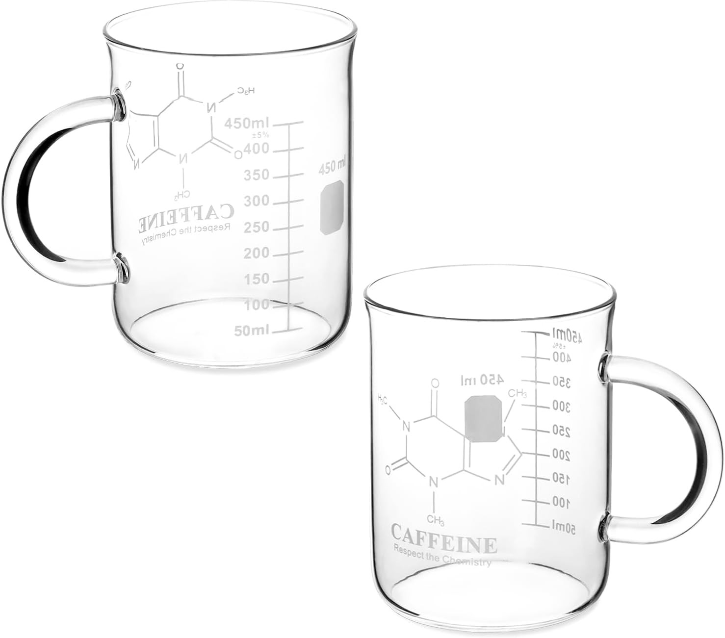 Caffeine Beaker Mug – Borosilicate Glass, 2 Pack 16 Oz (450 Ml), Chemistry-Theme