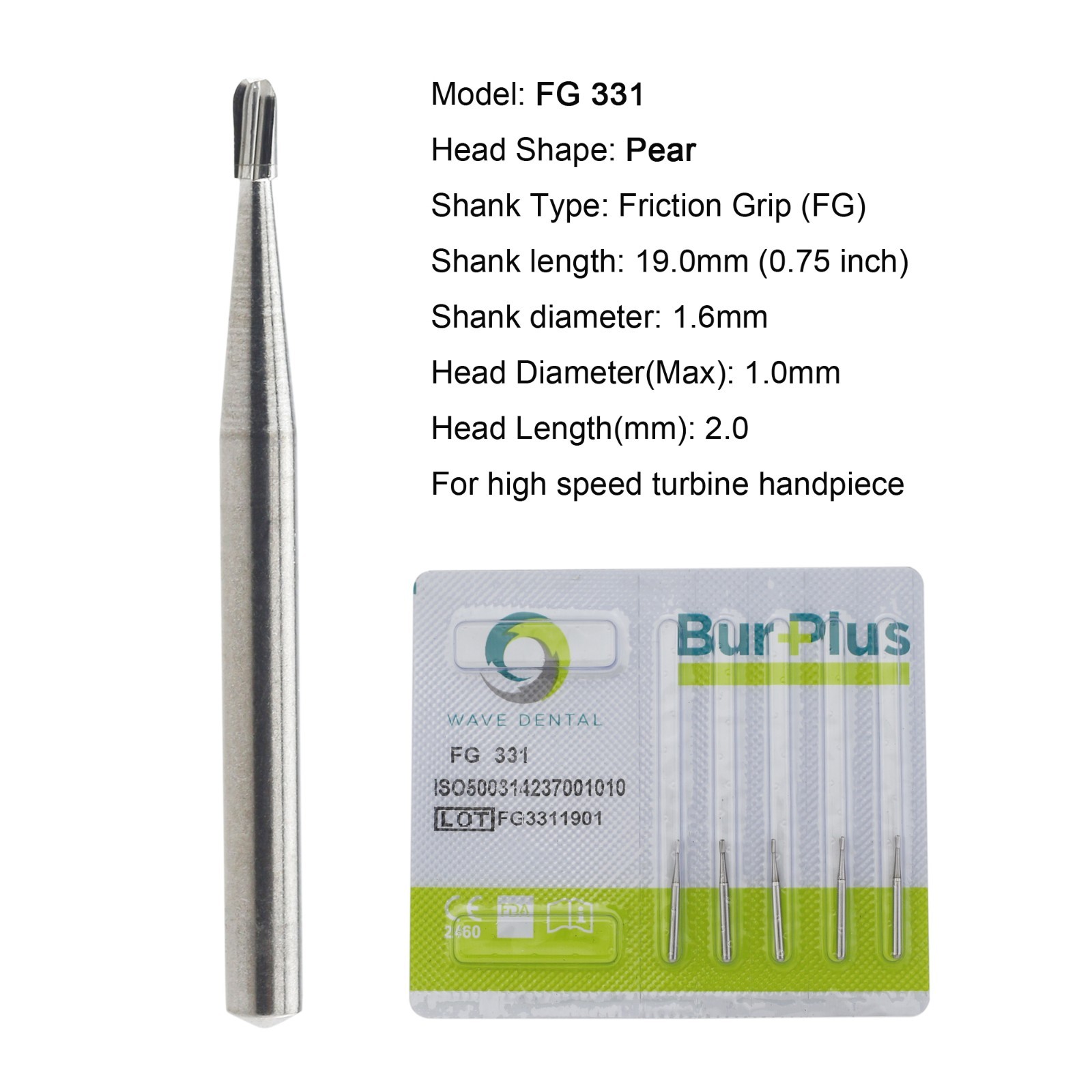 Wave Dental Carbide Burs Pear FG 331 Tungsten 19mm for High Speed Friction Grip