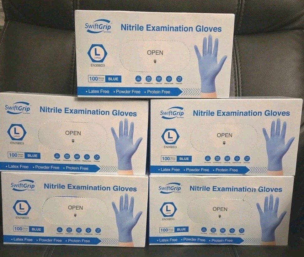 Swiftgrip 500ct (5Boxes of 100ct) Blue Nitrile Exam Gloves Latex Free Size Large