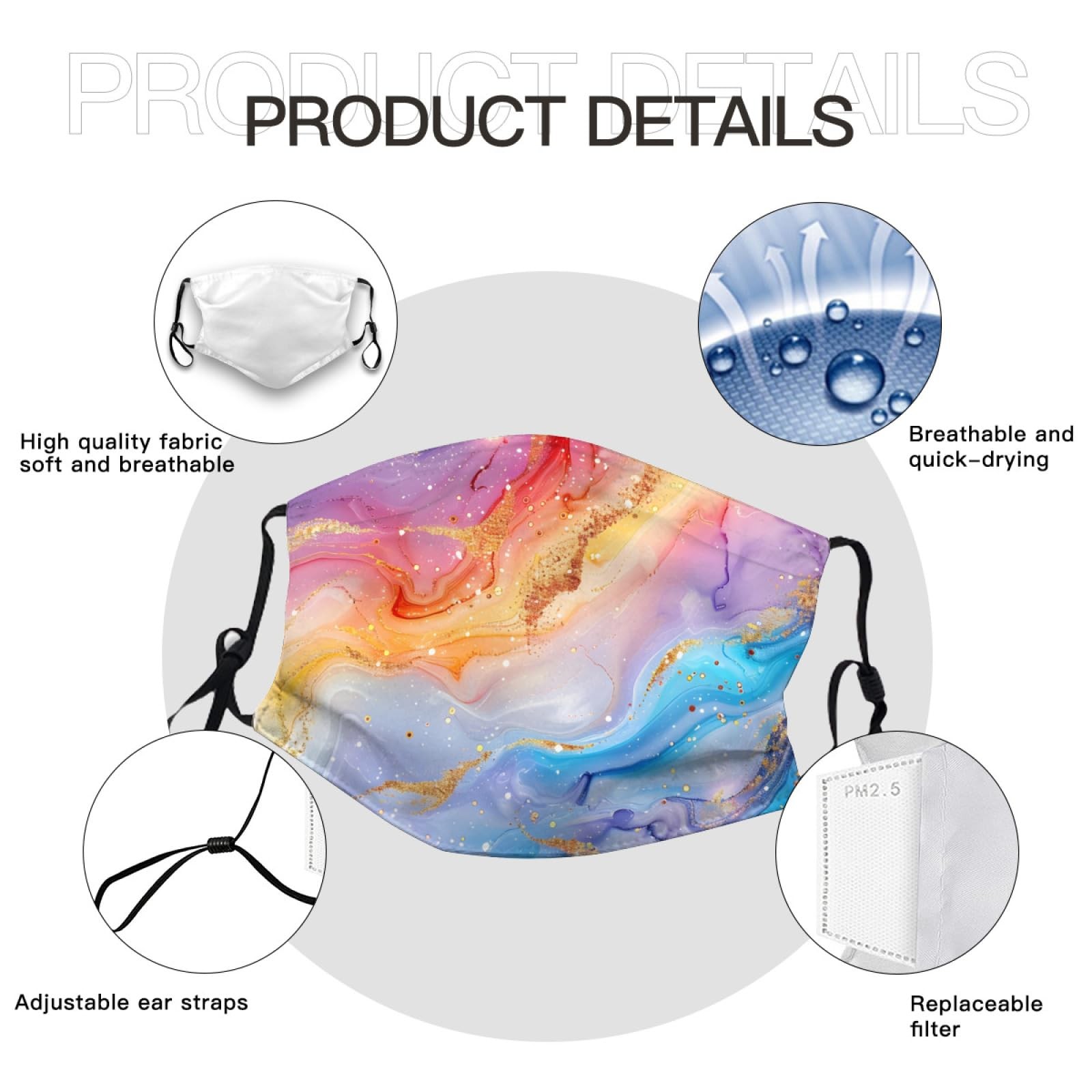 Colorful Marble Texture Print Face Mask Adult Washable Reusable Pleated Dust …