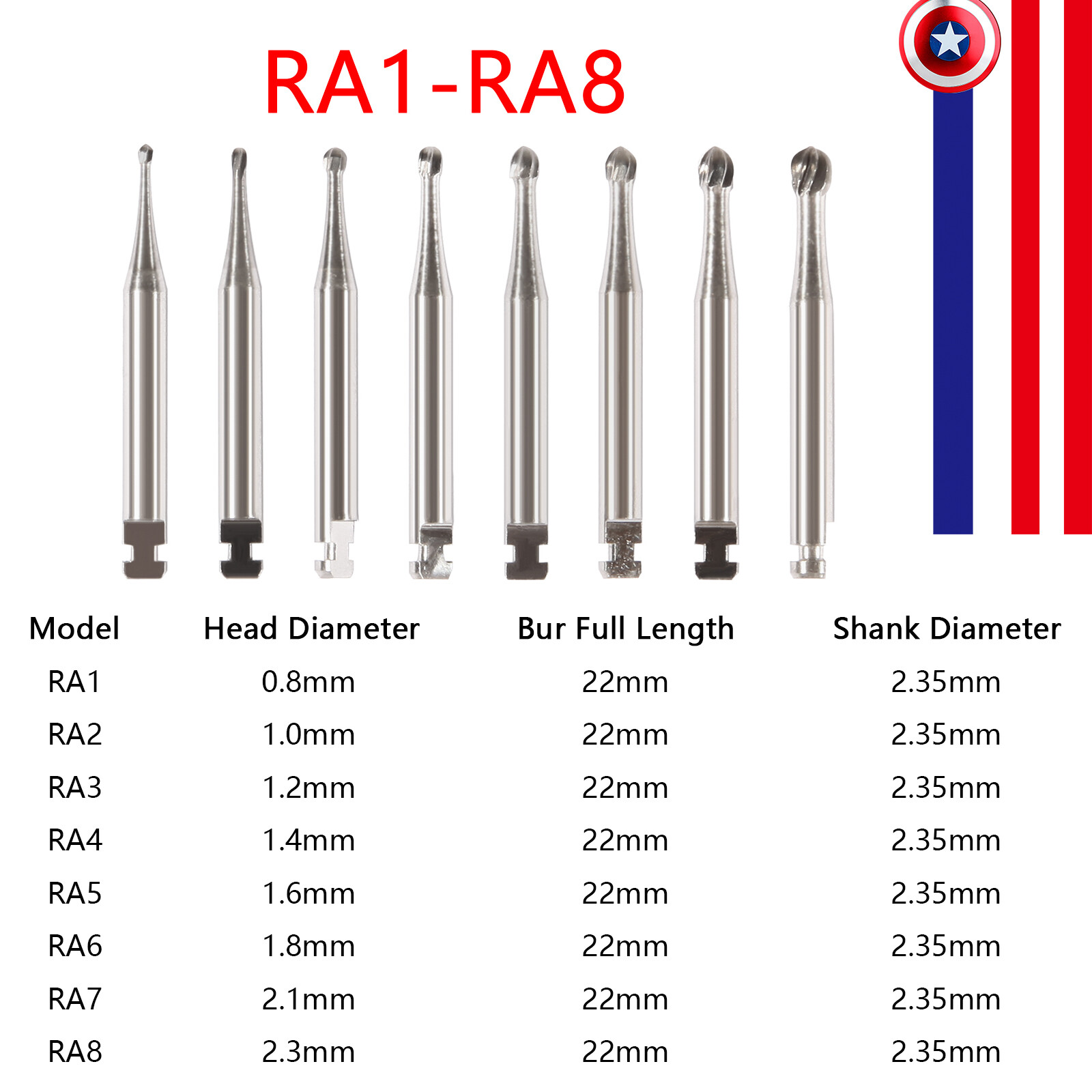 SKYSEA Round Carbide Bur for Slow Speed Latch RA1-8 Taper Fissure Dental