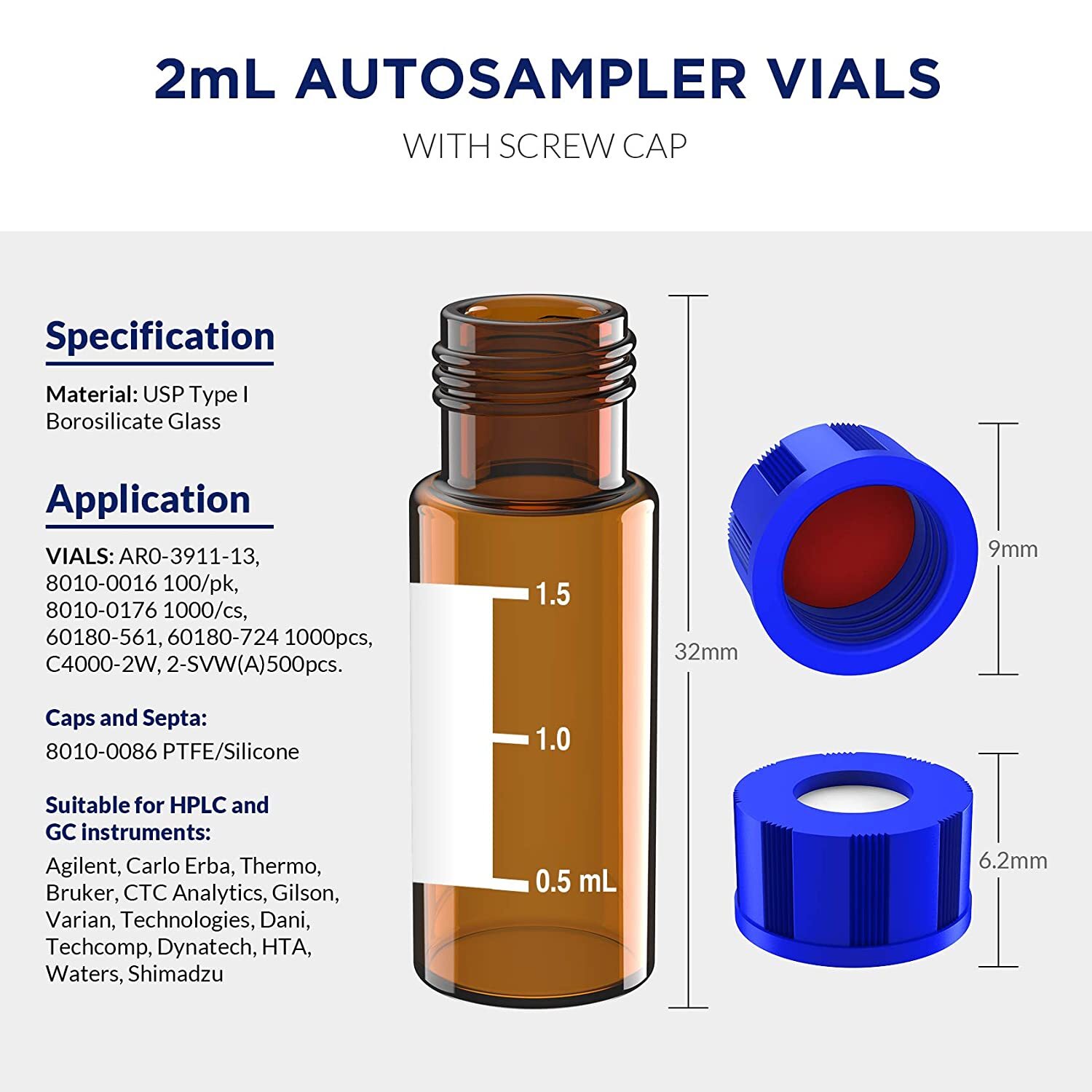 1000pcs 2ml 9-425 Autosampler Vials+Caps Amber Glass Bottle HPLC GC Screw Top US