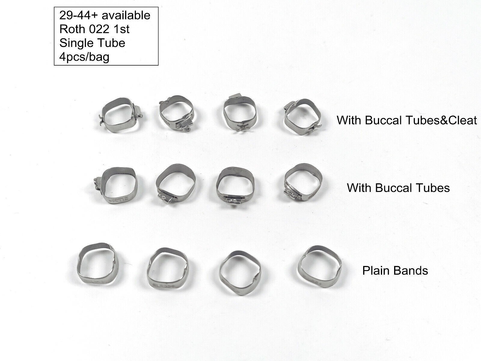 4Pcs/Pack Dental Orthodontic 1st Plain Molar Bands #29-44+ Buccal Tubes