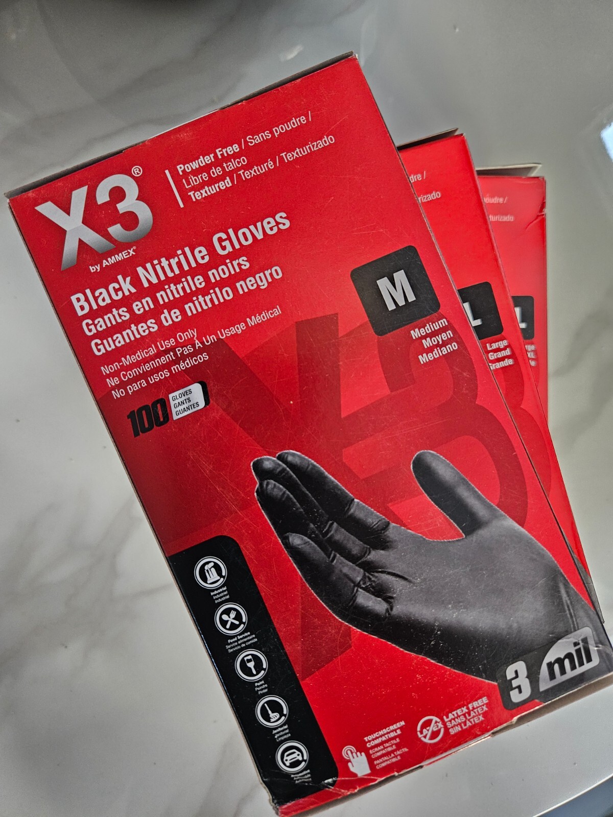 AMMEX X3 Nitrile Gloves, 3 Boxes of 100 – Black, Size M, L and XL