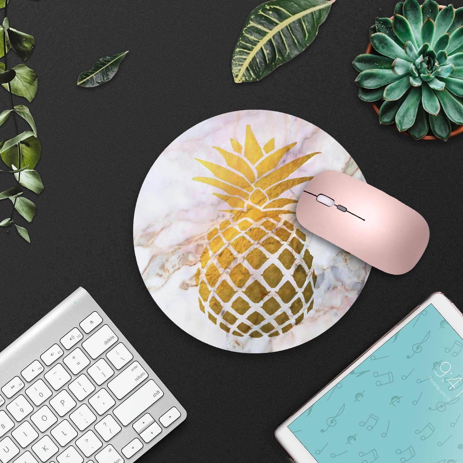 Round Mouse Pad with Coasters Set, Gold Foil Pineapple White Marble Design Mo…