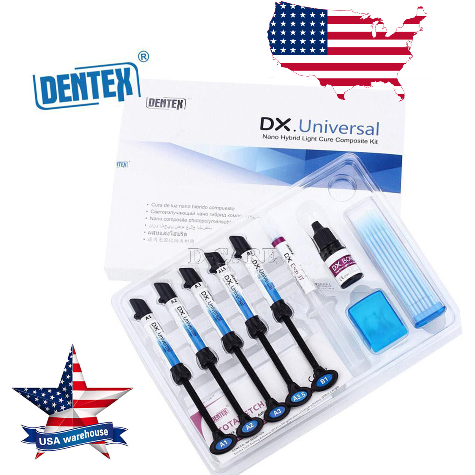 DX.Universal Dental Light Cure Composite Resin Kit Shade Etching Gel Adhesive DC