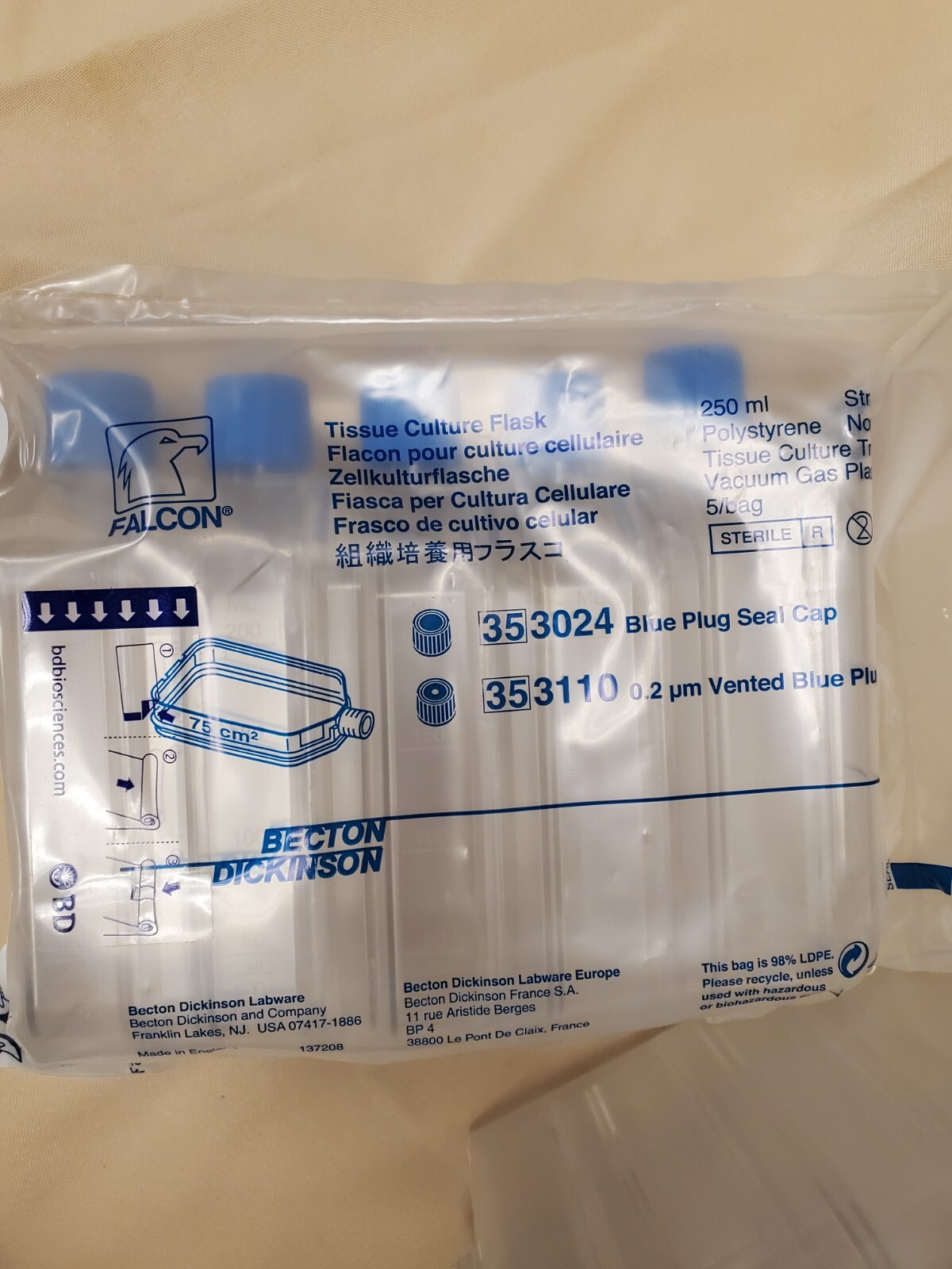 (15) FALCON Cell Culture T75 Vented Cap 75cm2 353143 Sterile