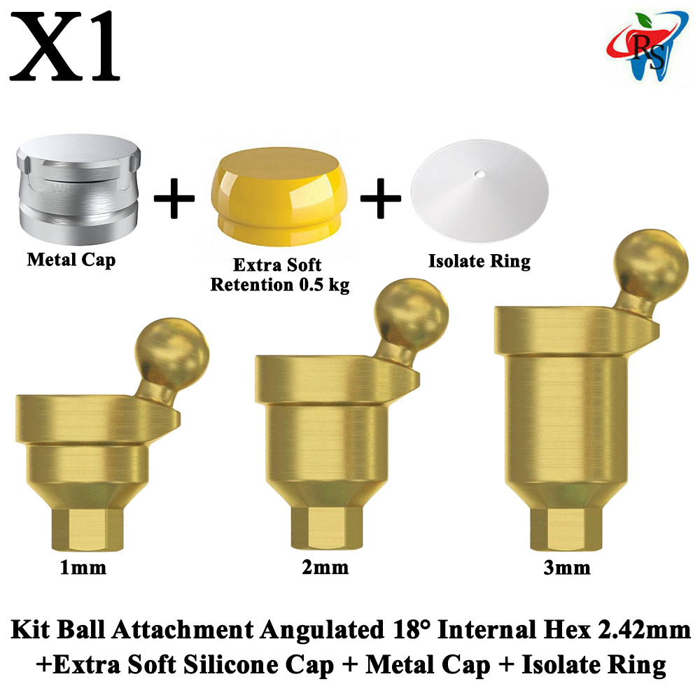 1x Kit Angulated 18° Ball Attachment Extra Soft Cap Metal Cap Isolate Ring Dent