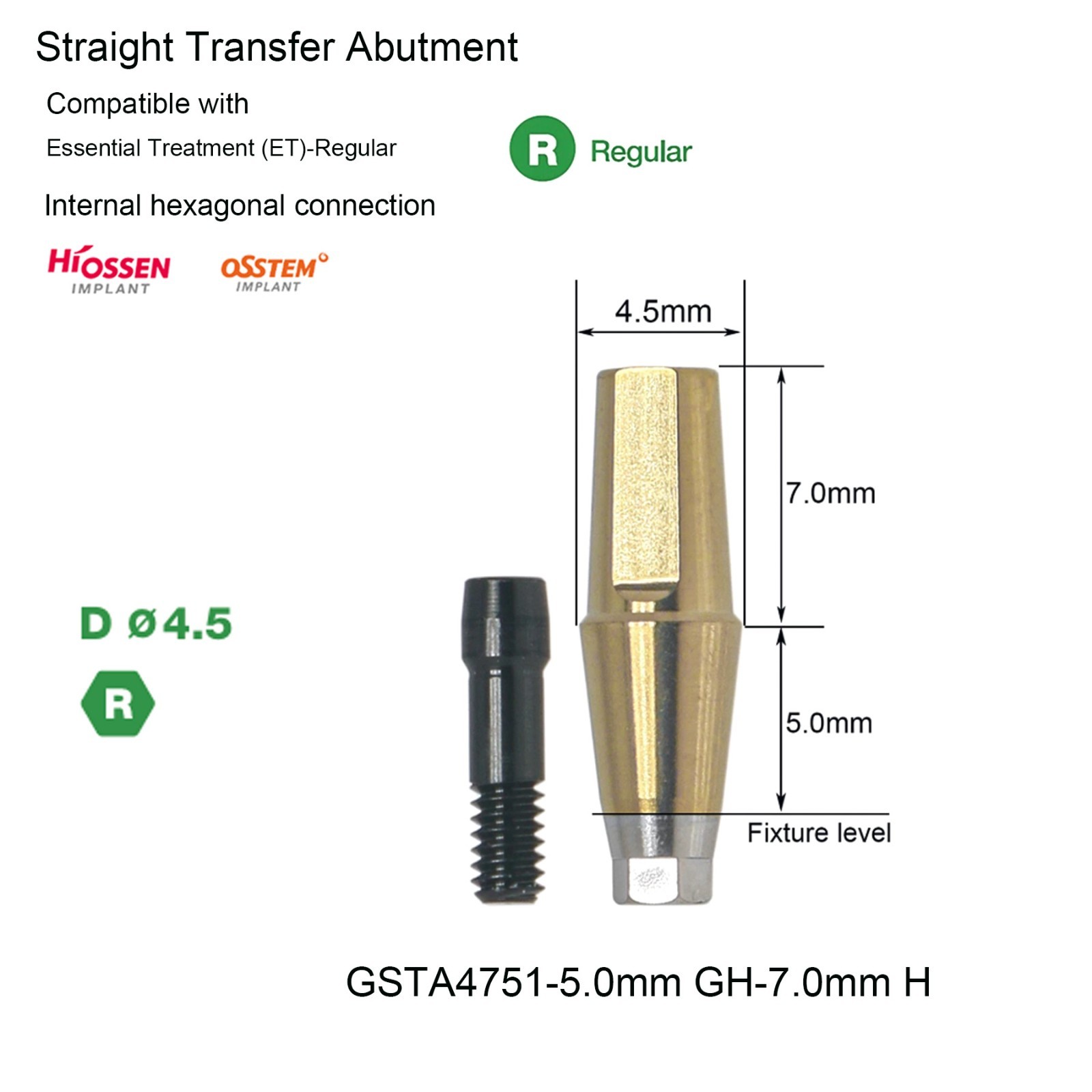 Hiossen Titanium Dental Regular Straight Abutment Hex Fit ET Ø4.5mm GH 1.0-5.0mm