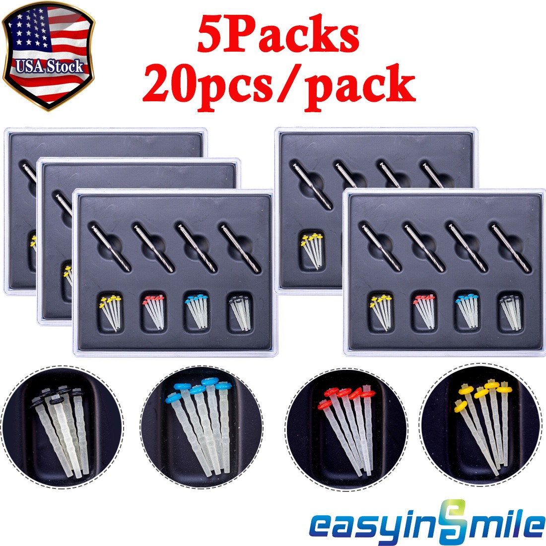 1/5Set Dental Endo Quartz Fiber Post Glass Screw Restorative Posts Piles&Drills