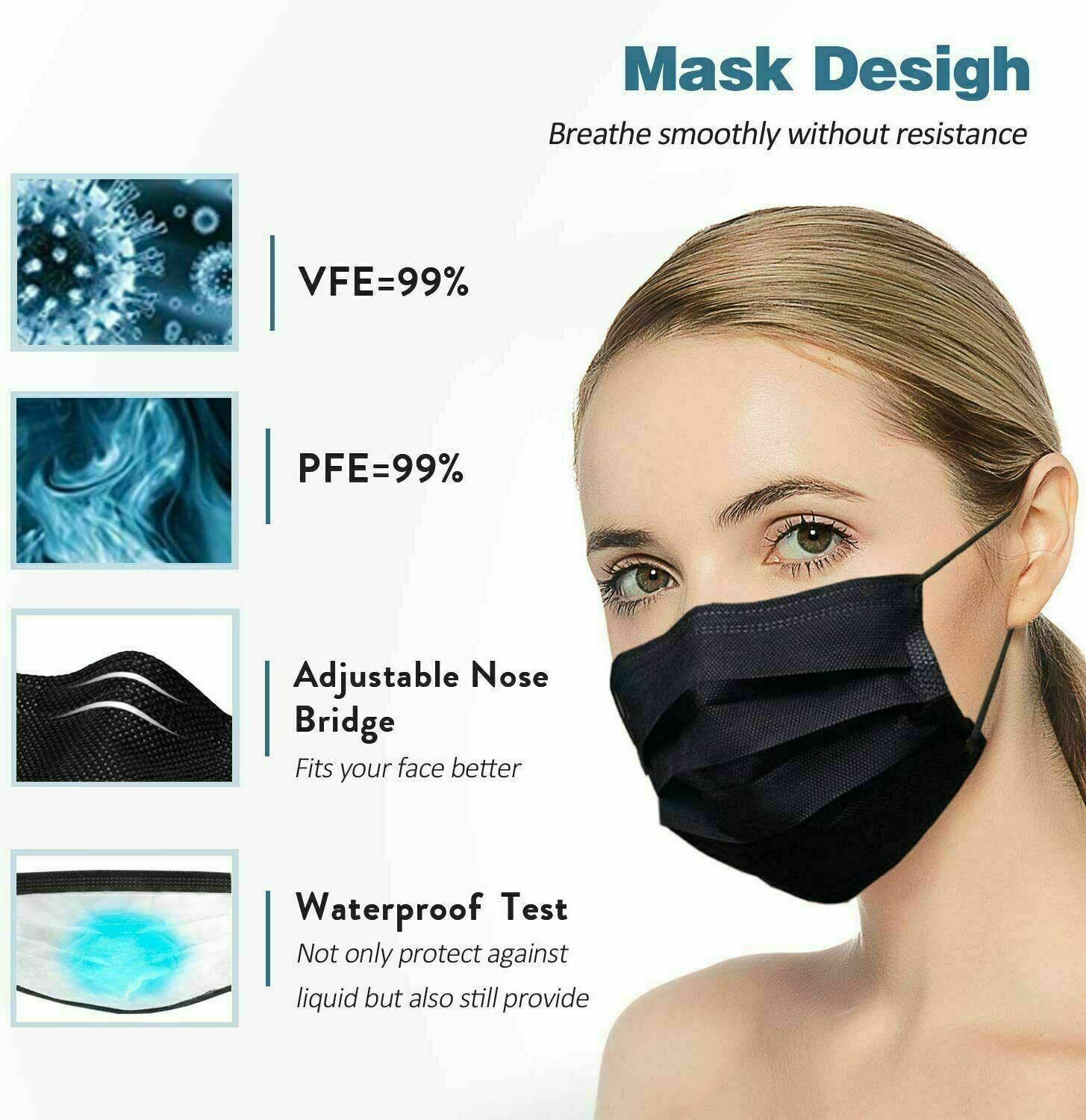 10/50/100 Black Disposable Medical Face Mask 3Layer C.E Approval FFP2 U.S Seller