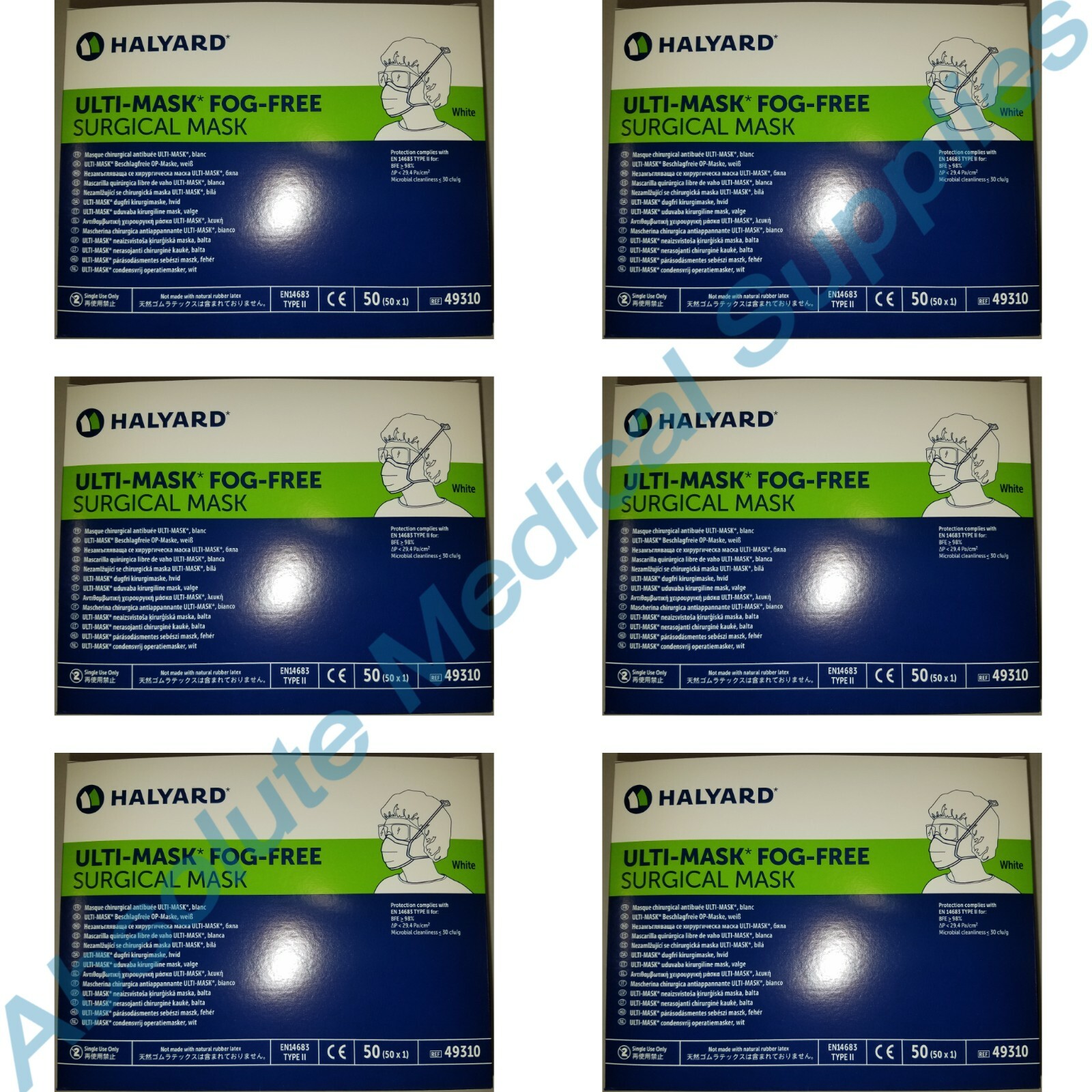 *300-Pieces* Halyard Ulti-Mask Fog-Free Surgical Face Masks White 49310
