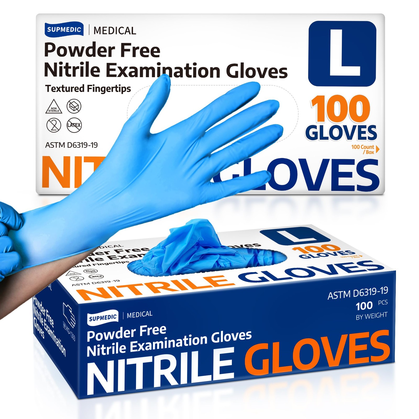 Supmedic Medical Nitrile Exam Gloves, Latex-Free, Large, Blue (Large)