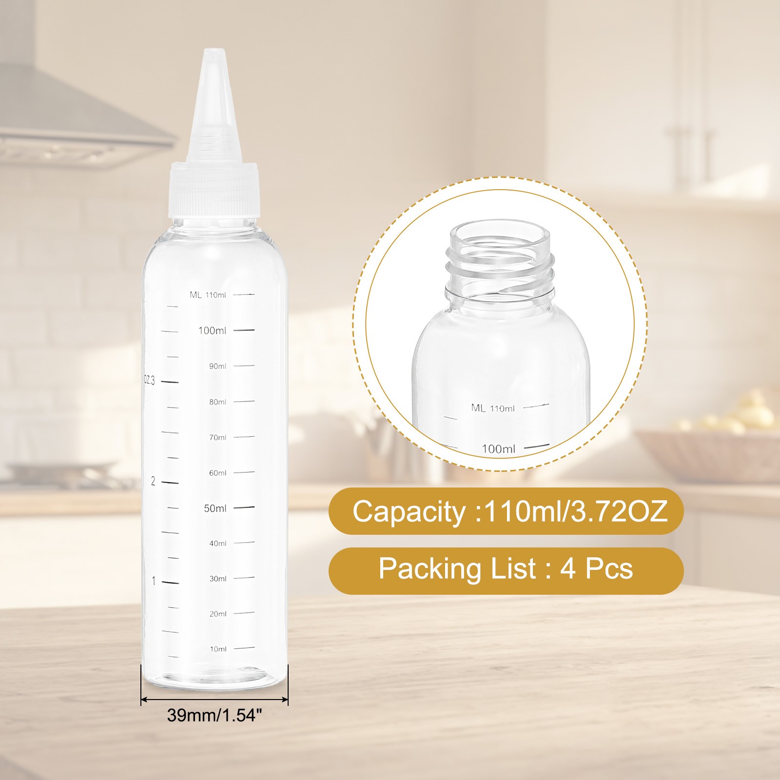 110ml/4OZ Squeeze Bottles with Top Cap, 4 Pcs Dispensing Bottle, Transparent