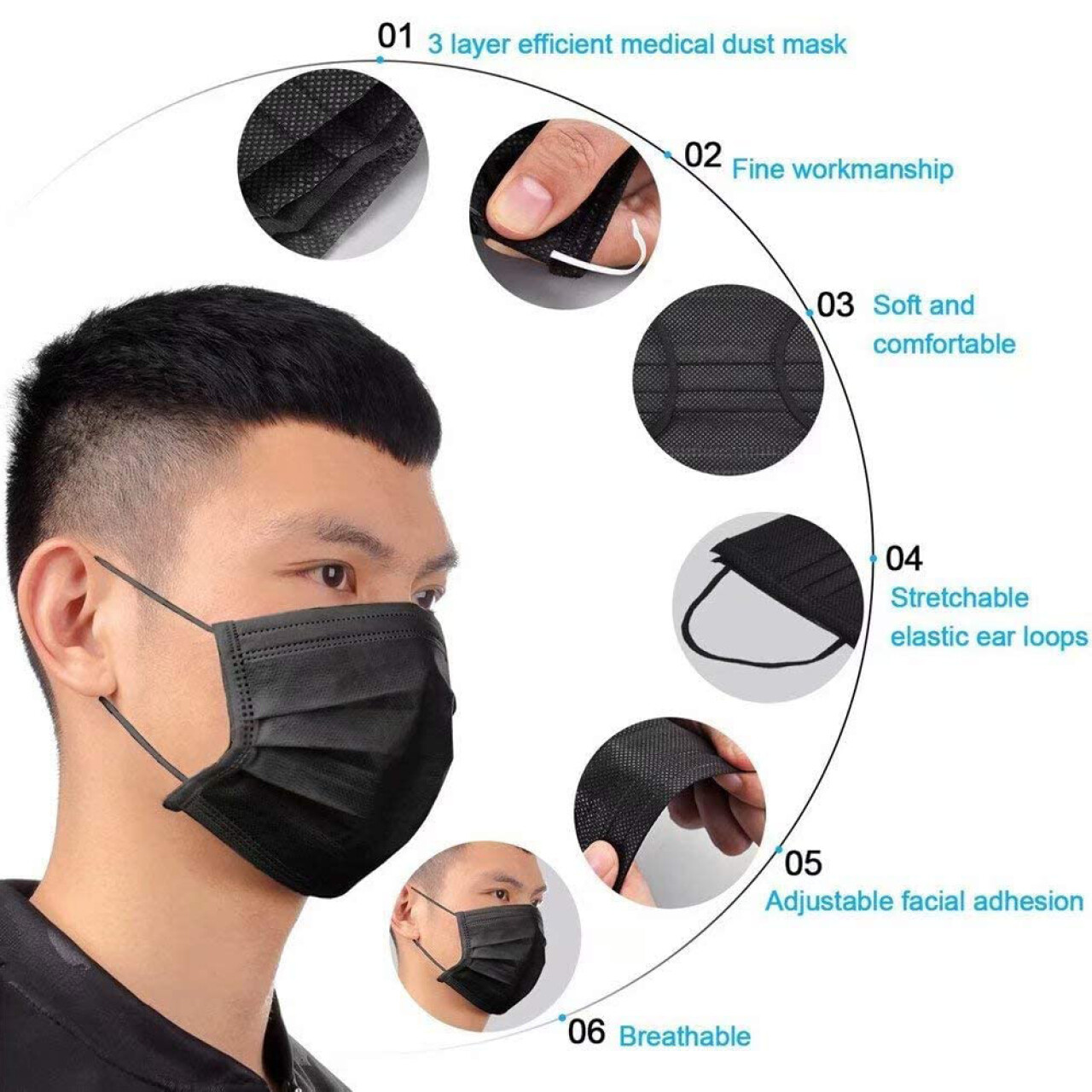 [10-50 PCs/pack] Black Disposable Face Mask Mouth 3-Ply Non Medical Surgical