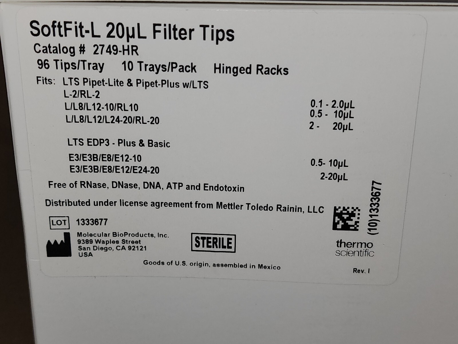 Thermo Scientific Pipette Tips 20ul qty 4800/case Sterile Filtered Rainin LTS