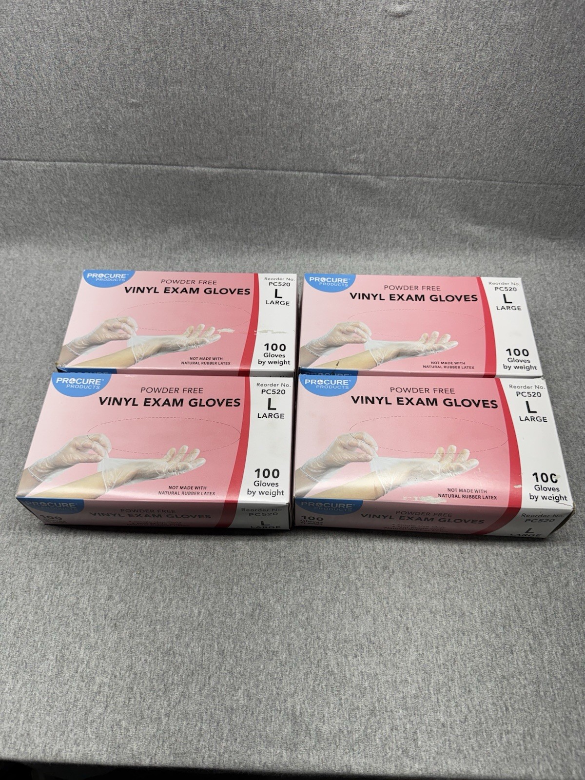 PROCURE Powder Free Vinyl Exam Gloves 400 Ct. Total (4 Boxes ~ 100 Pcs) Large