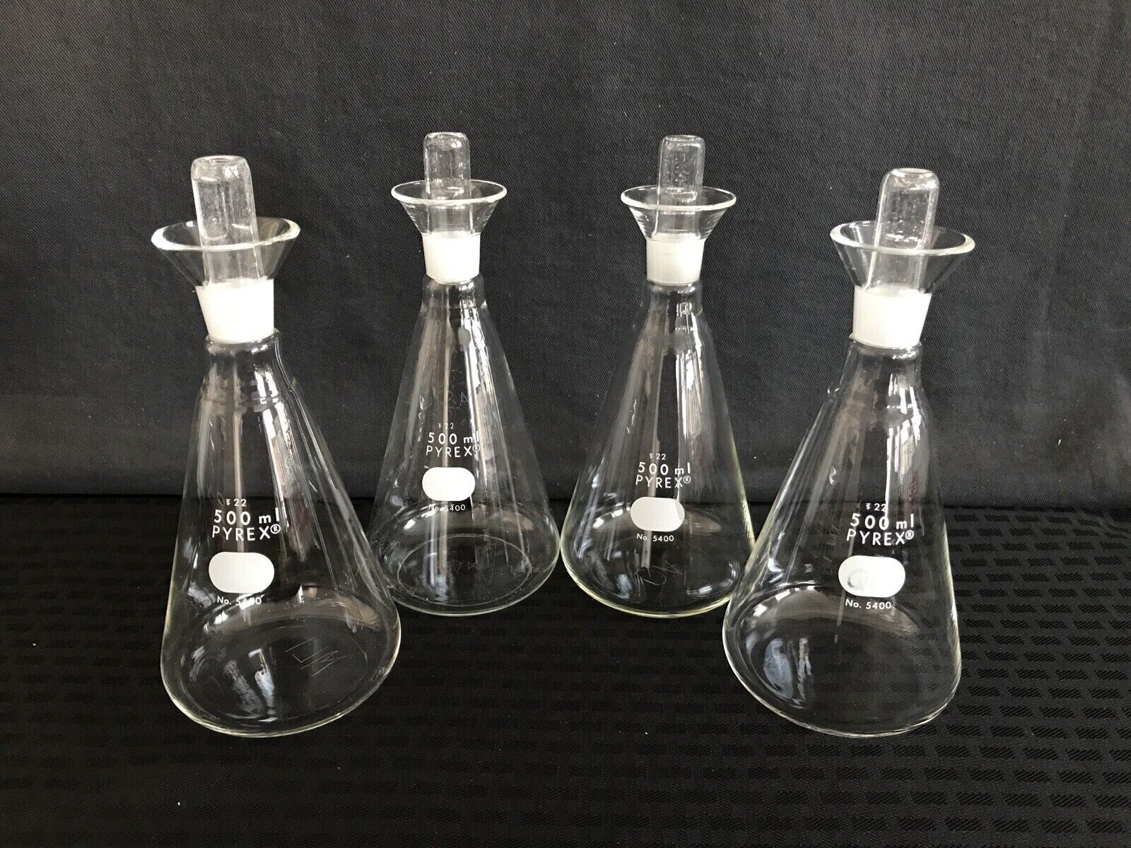 (4) CORNING PYREX 500mL Glass Determination Erlenmeyer Flask w/ #22I Std Stopper