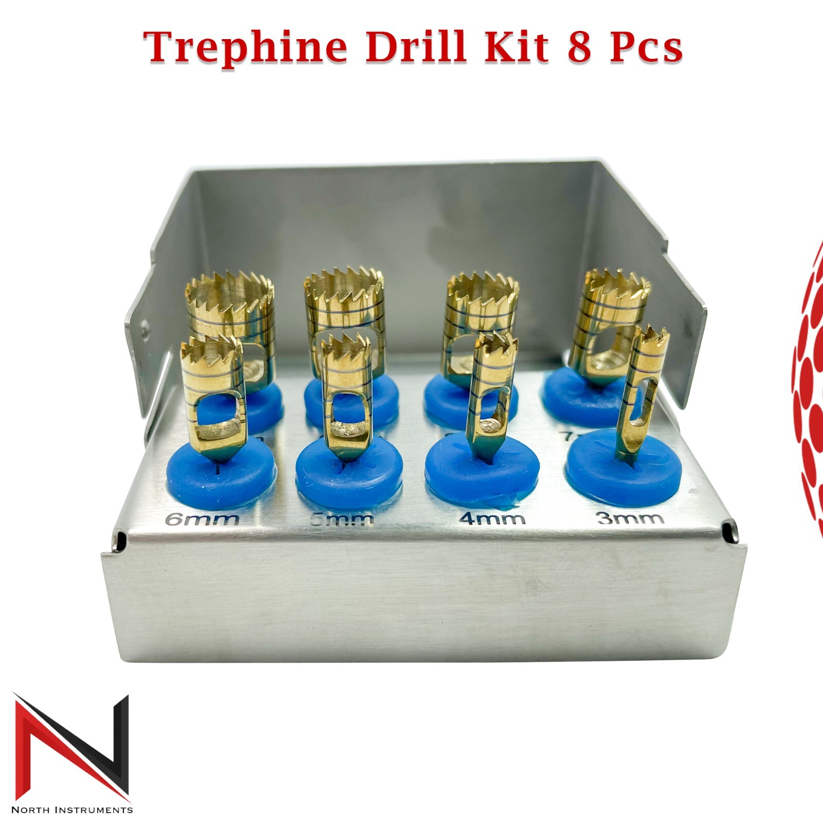 Dental Trephine Drill Kit 8pcs Gold Color Surgical Bur Holder Bone Graft Tool