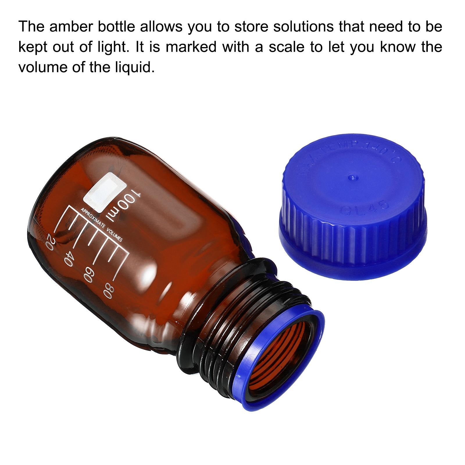 100mL Amber Reagent Media Graduated Glass Storage Bottle Blue Cap 4Pcs