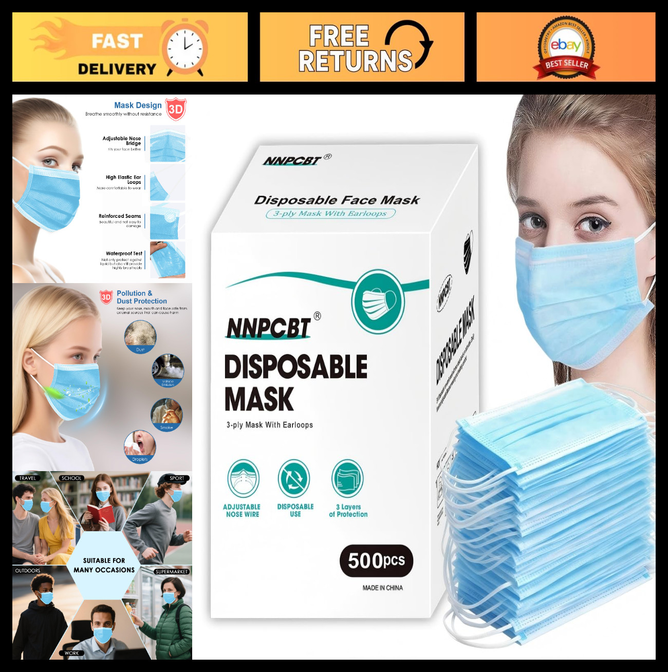 500 Pcs 3-Ply Blue Disposable Face Masks for Adults, Breathable & Comfortable