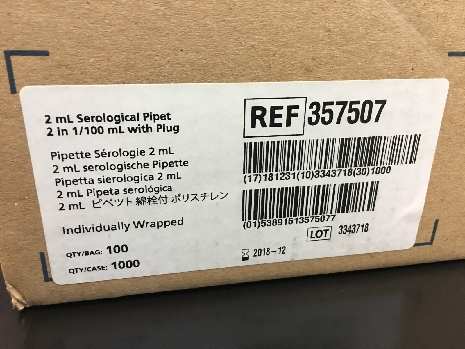 Corning Falcon REF 357507 Serological 2mL Pipet 2 in 1/100mL w/Plug 1000/Cs
