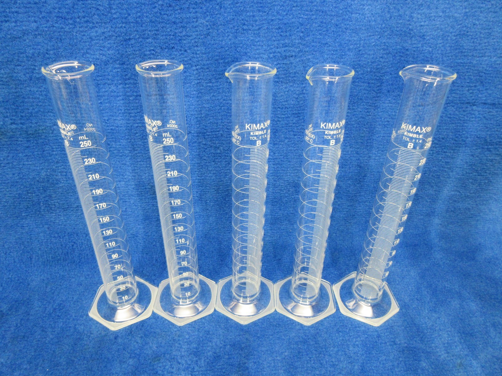 Lot of 5 Kimble Kimax Graduated Cylinder 250ml Glass Class B White Single 20024