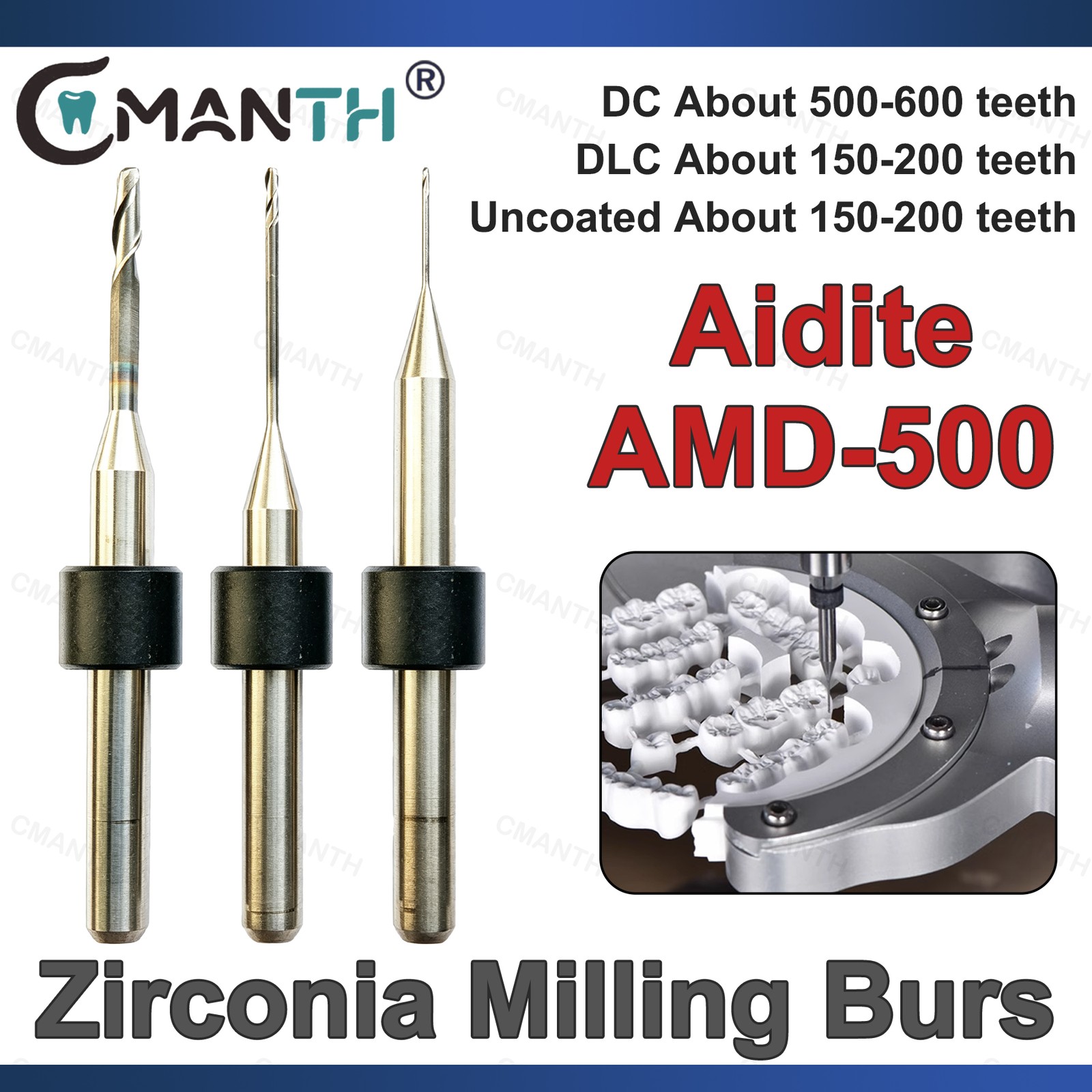 Aidite AMD 500 Dental Zirconia Milling Bur 0.6/1.0/2.0mm Shank 4mm For PMMA