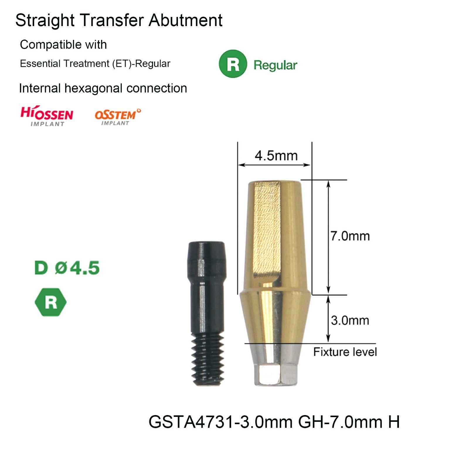 Hiossen Titanium Dental Regular Straight Abutment Hex Fit ET Ø4.5mm GH 1.0-5.0mm