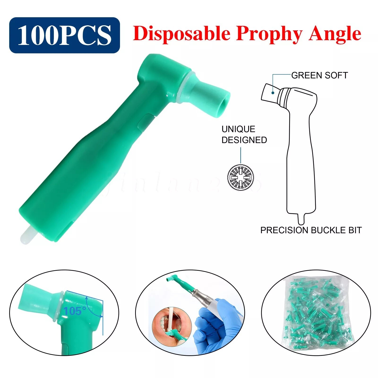 100 pcs Dental Disposable Prophy Angles soft 105° angle -Latex Free green USA