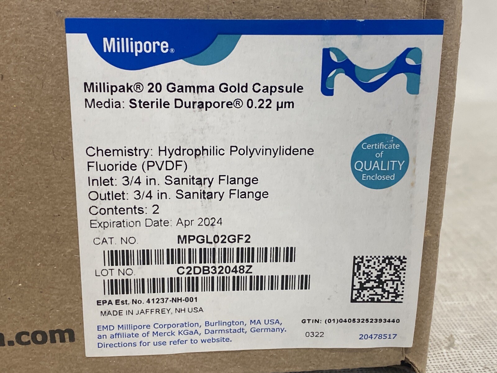 (2/Pk) MILLIPORE Millipak 20 Gamma Gold Filter Capsule Durapore 0.22um PVDF 3/4”