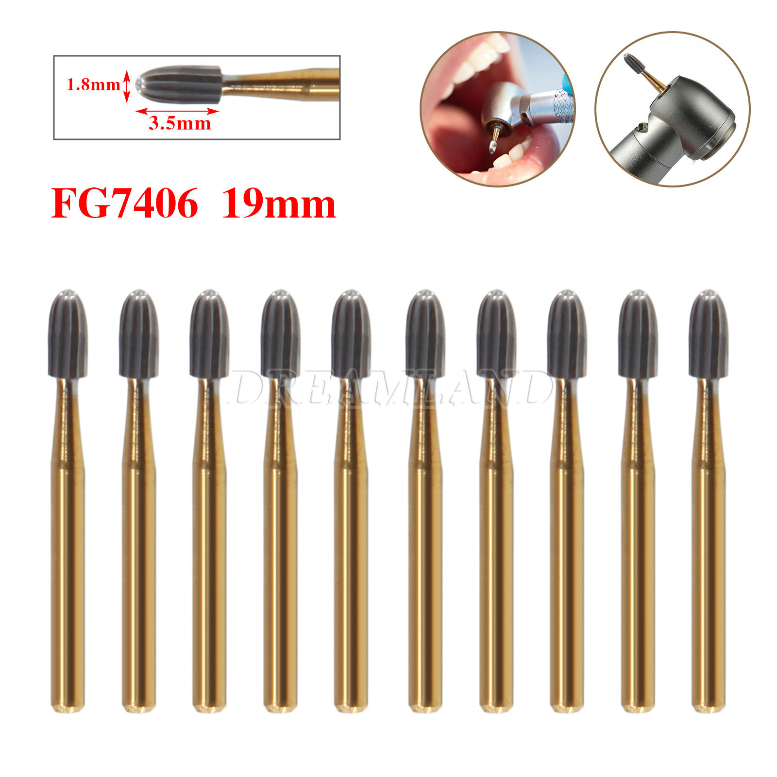 Egg Football Dental Gold Tungsten Carbide Burs Trimming& Finishing Shape FG 7406