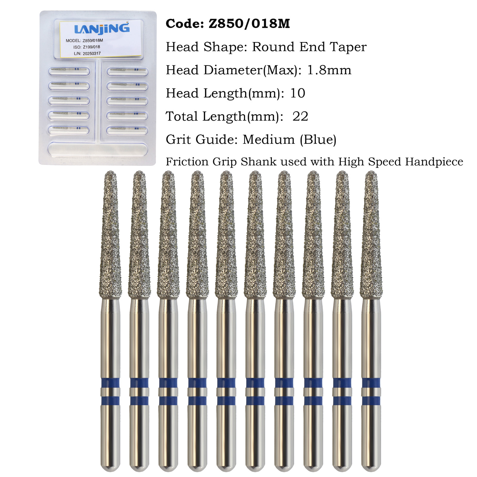 Zirconia Adjustment Diamond Round End Taper Burs FG Z850/018M Medium Grit