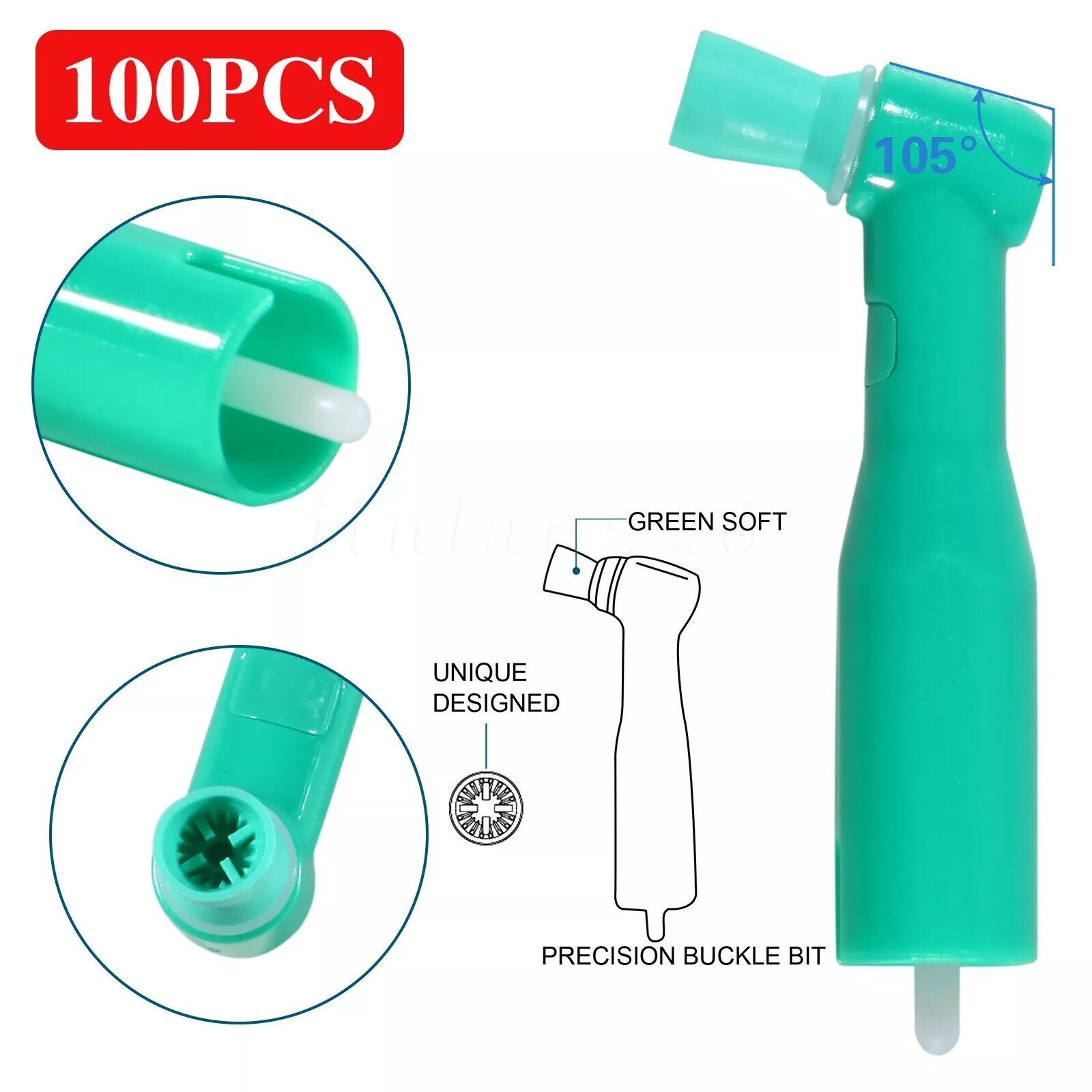 100 pcs Dental Disposable Prophy Angles soft 105° angle -Latex Free green USA