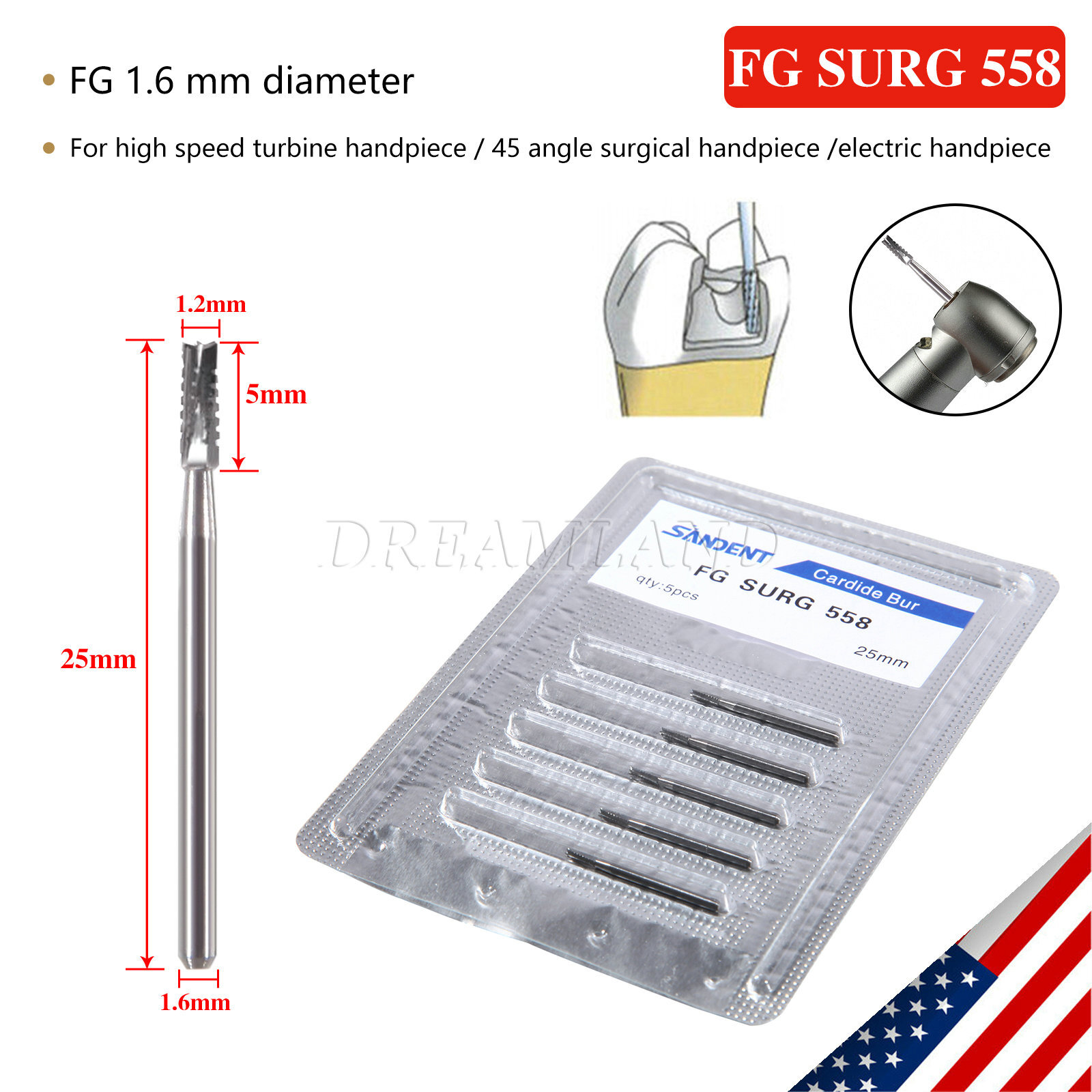 5pcs/pack Dental Carbide Burs Bits High Speed FG558 Ø1.2mm 6 Blades Fissure