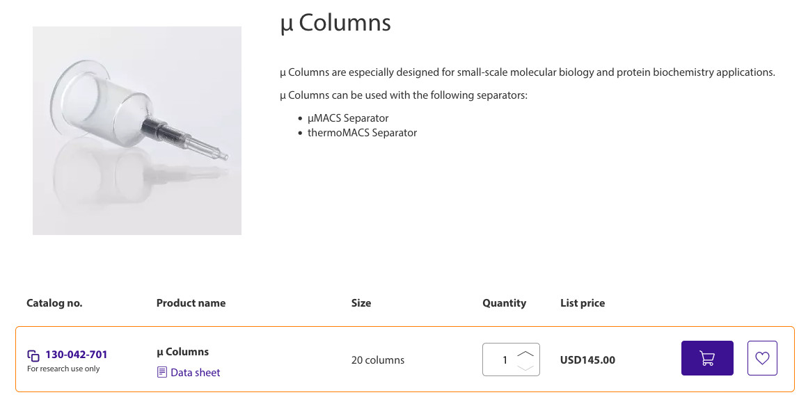 BRAND NEW – Miltenyi Biotec 20 µColumns, Cat. N. #130-042-701