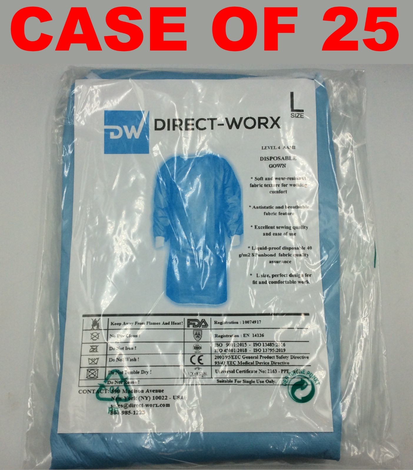 Direct-Worx Surgical Level 4 Disposable Gown, Breathable Fabric, AAMI, LARGE