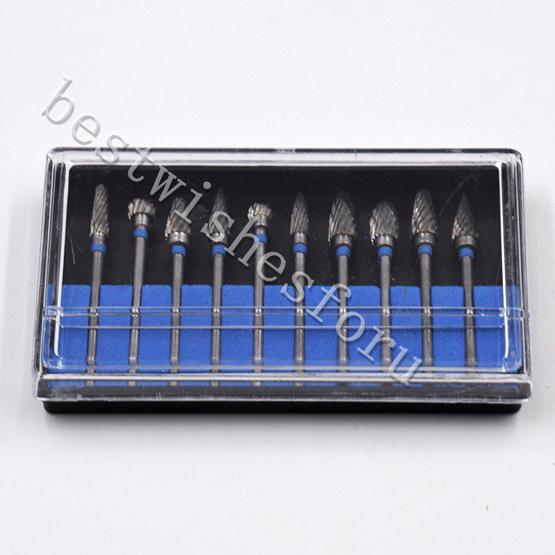 10pc Tungsten Acrylic Steel Dental Burs Carbide Burr Mix-Type Drill Marble Grind