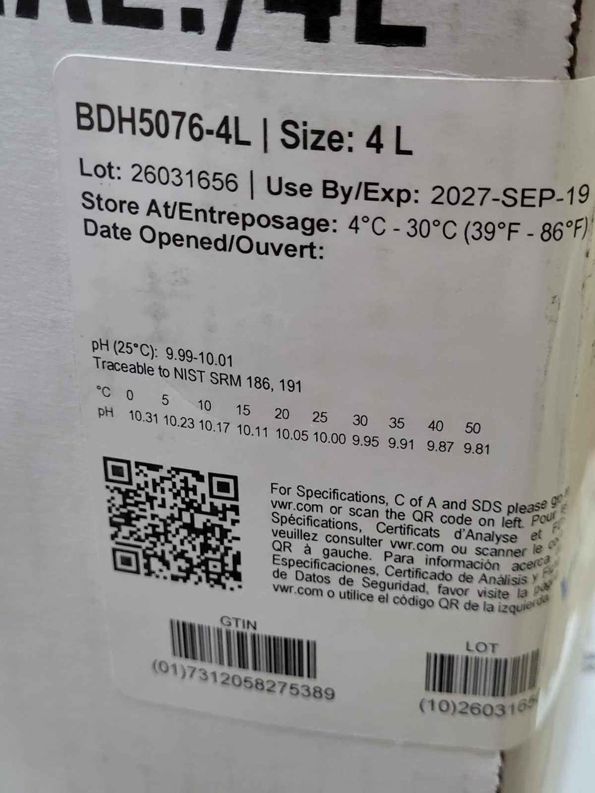 x2 BDH Buffer Reference Standard 4L Bottle VWR Analytical BDH5076-4L