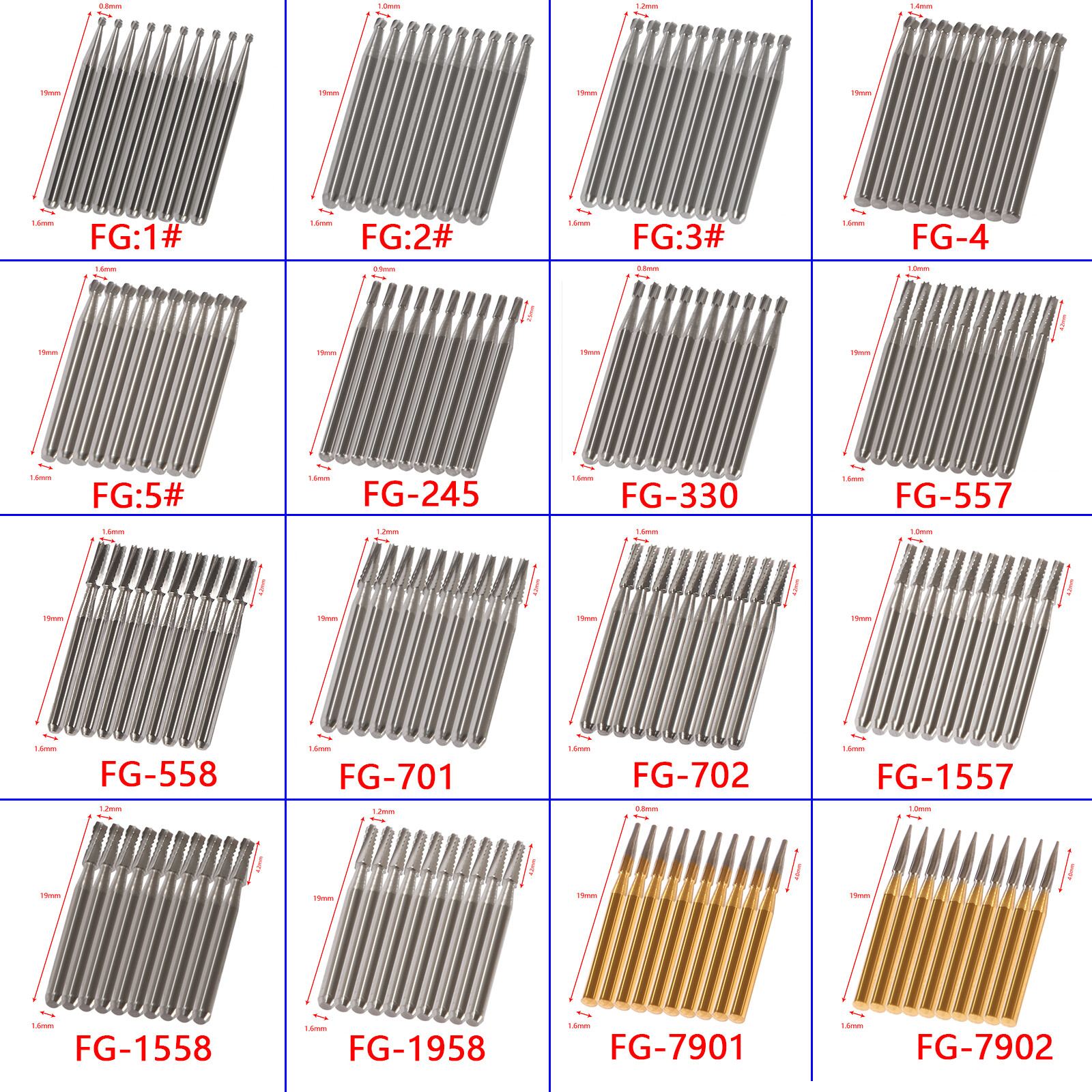 Dental Carbide Burs Clinic High Speed FG 1-5 701 702 245 330 1558 1958 556 557 8