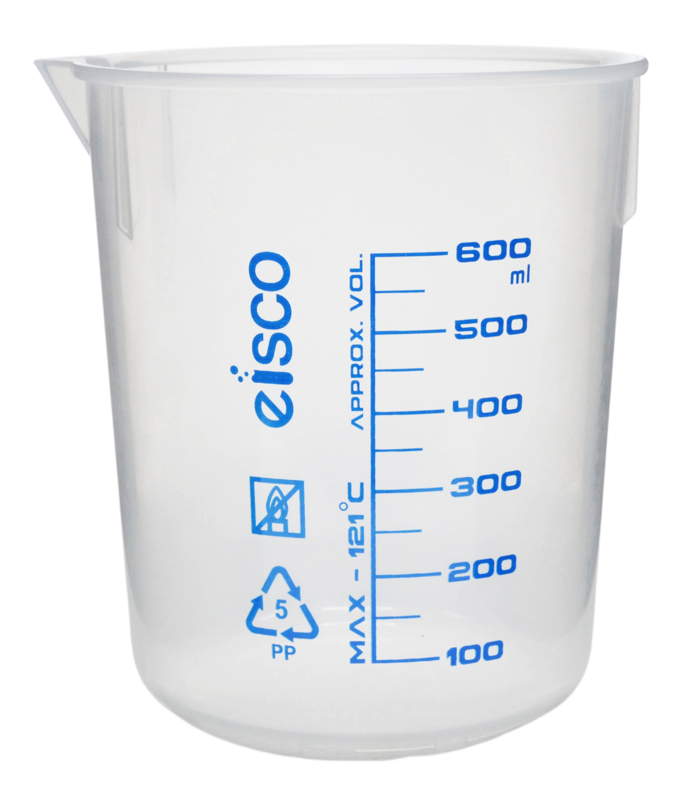 Premium 600mL Beaker – Polypropylene Plastic, 50mL Graduations – Eisco Labs
