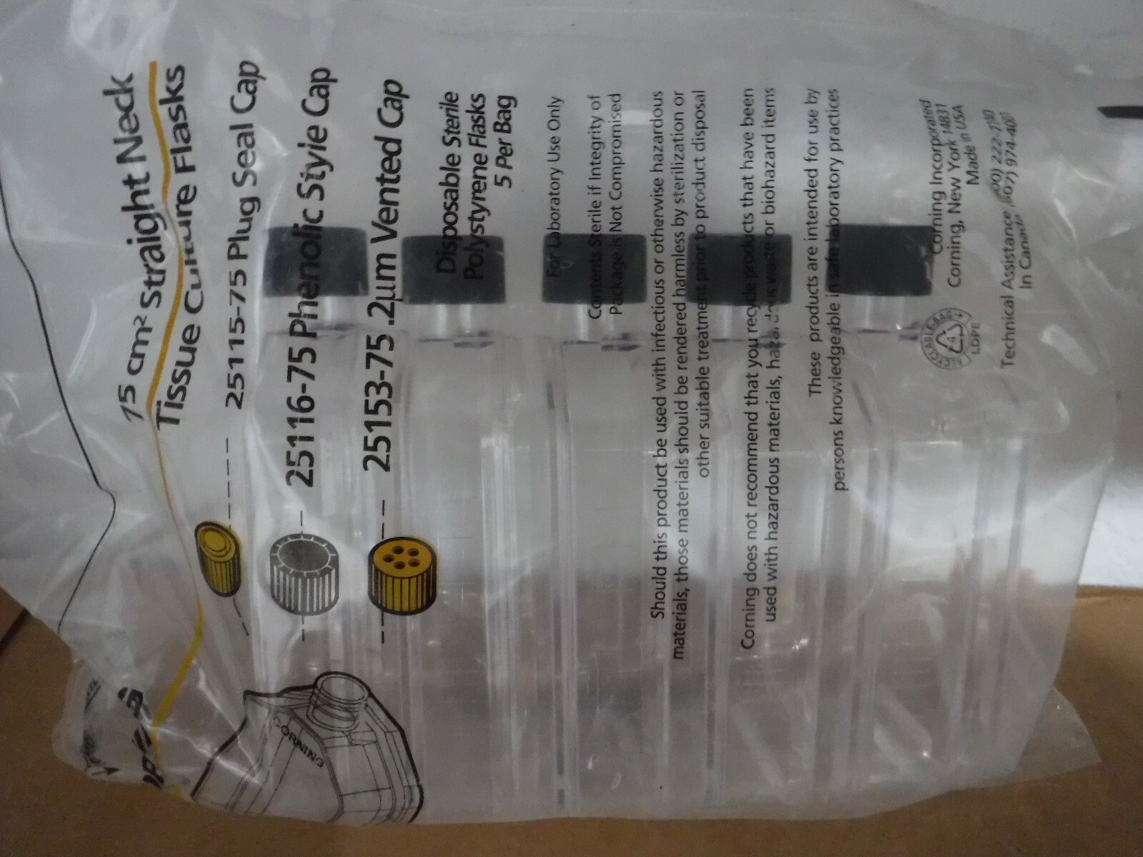 ( 5 PACK) CORNING 75CM^2 STRAIGHT NECK TISSUE CULTURE FLASK NEW