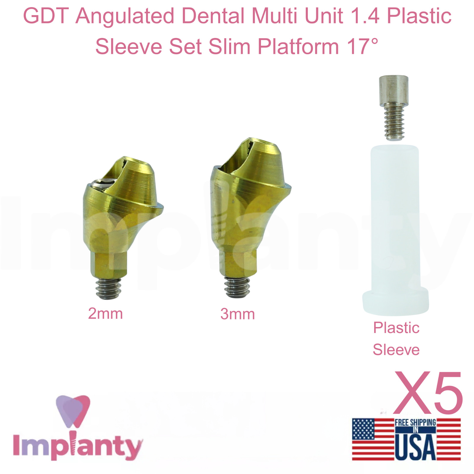 5x GDT Angulated Dental Multi Unit 1.4 Plastic Sleeve Set Slim Platform 17°